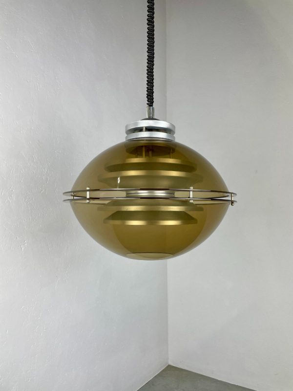 Vintage space age hanging lamp - 70s Dutch design by Dijkstra verlichting Holland - Aluminium smoked glass plastic - adjustable by Rolly