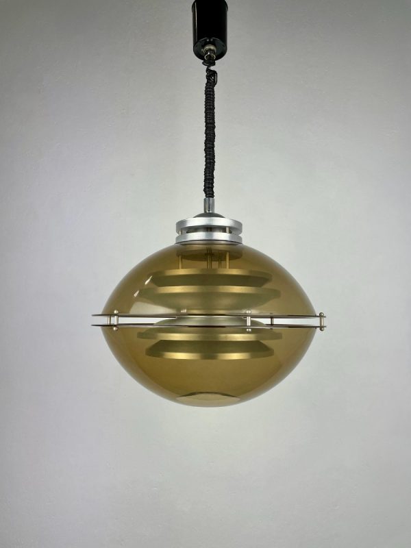 Vintage space age hanging lamp - 70s Dutch design by Dijkstra verlichting Holland - Aluminium smoked glass plastic - adjustable by Rolly