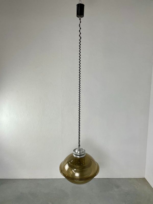 Vintage space age hanging lamp - 70s Dutch design by Dijkstra verlichting Holland - Aluminium smoked glass plastic - adjustable by Rolly