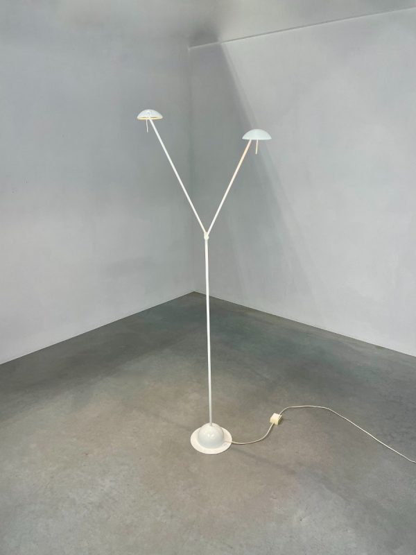 Vintage modern 80s floor lamp with two arms - large white metal slim twin design by Massive Belgium lighting - echtvintage