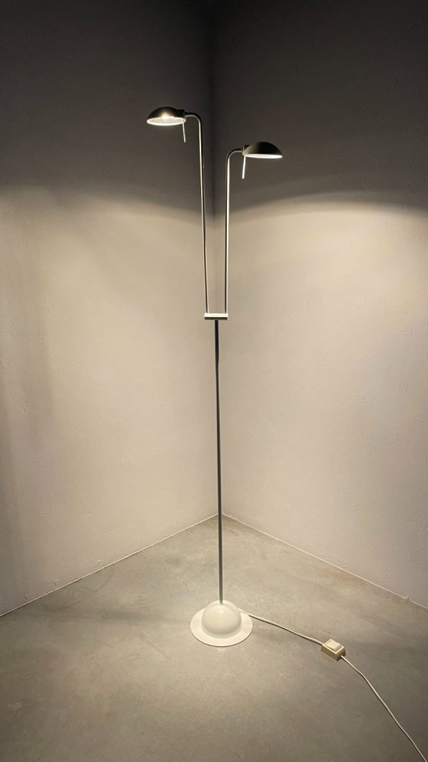 Vintage modern 80s floor lamp with two arms - large white metal slim twin design by Massive Belgium lighting - echtvintage