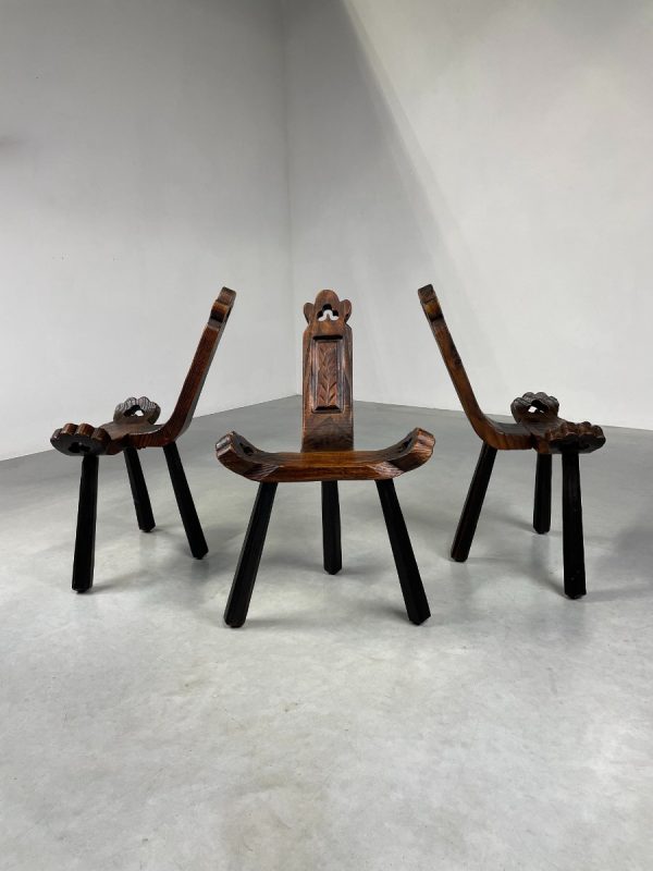 Spanish tripod chair vintage 1960s brutalist solid wood chair - 1 of 3 echtvintage echt