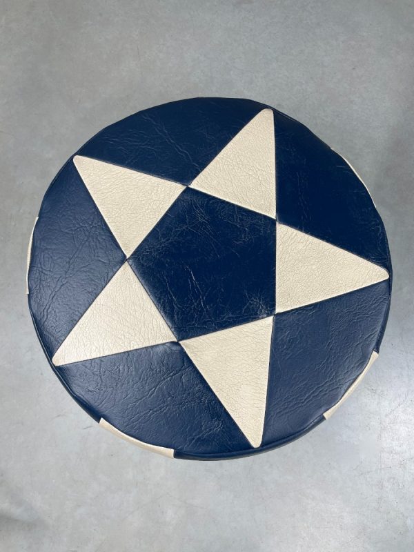 Vintage leather pouf star motif blue white - modern patchwork pouf from the 80s echt vintage