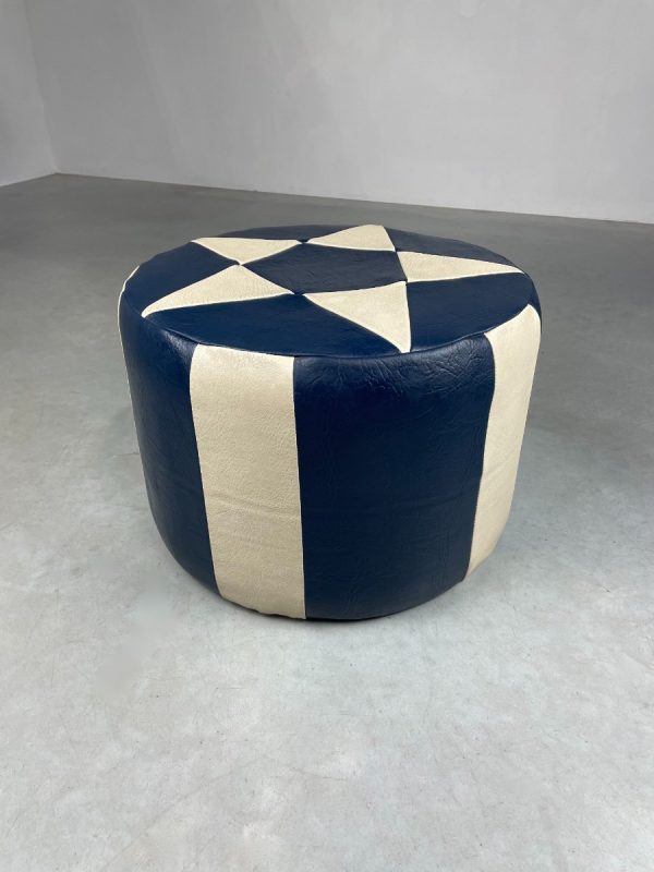 Vintage leather pouf star motif blue white - modern patchwork pouf from the 80s echt vintage