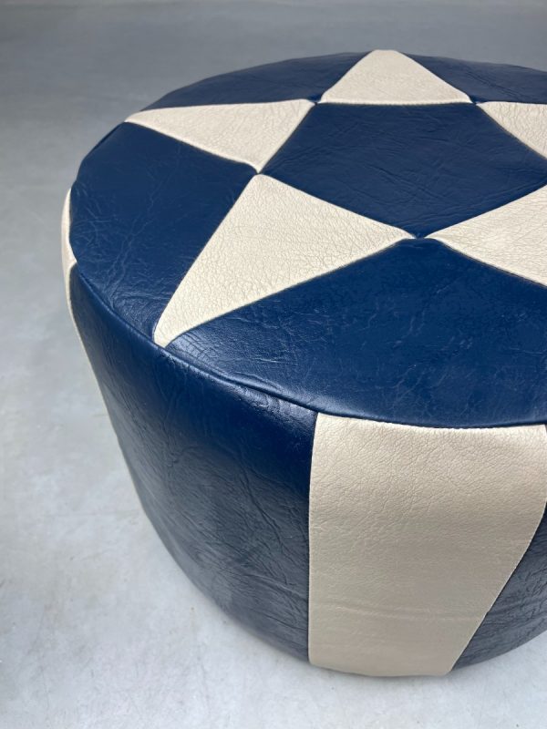 Vintage leather pouf star motif blue white - modern patchwork pouf from the 80s echt vintage