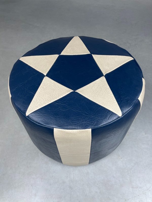 Vintage leather pouf star motif blue white - modern patchwork pouf from the 80s echt vintage